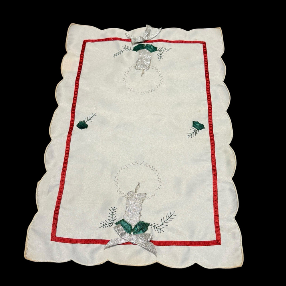 Vtg MCM Violet Linen 12x18 Christmas Doily Embroidered Candle Holly Stained READ